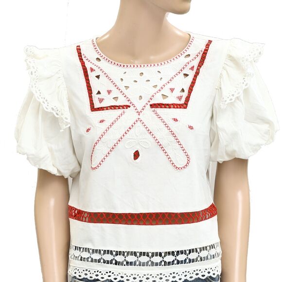 By Anthropologie Puff-Sleeve Cutwork Blouse Top Embroidered Cotton M NWD 280426 - Picture 6 of 11